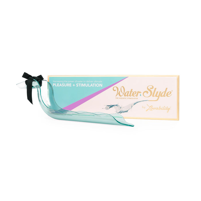 An aquatic stimulator in turquoise with wave-shape design and black ribbon, crafted for intimate use, sits next to its box. The white packaging with turquoise and gold accents reads WaterSlyde by Lovability—offering a unique pleasure and stimulation experience as a sex toy alternative.