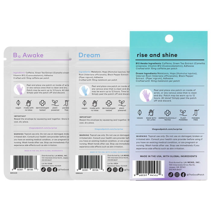 The packaging for The Good Patchs Wearable Wellness Patches - Rise and Shine Set, labeled B12 Awake, Dream Patches, and Rise and Shine, includes ingredients, usage instructions, contact info, application icons, safety warnings, and individually wrapped patches.