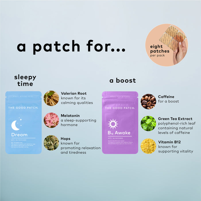 The image shows The Good Patchs Rise and Shine Set, featuring Dream patches (valerian root, melatonin, hops) for sleep support, and B12 Awake (caffeine, green tea extract, vitamin B12) for energy. Each packet is displayed with a patch sample and ingredient visuals.