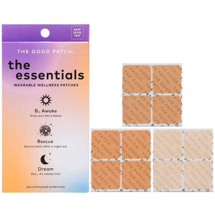 The Good Patch - Wearable Wellness Patches: The Essentials Set includes three vegan patches—B12 Awake, Rescue, and Dream. The nine patches displayed feature unique designs with sustained release benefits. The box boasts a gradient color scheme.