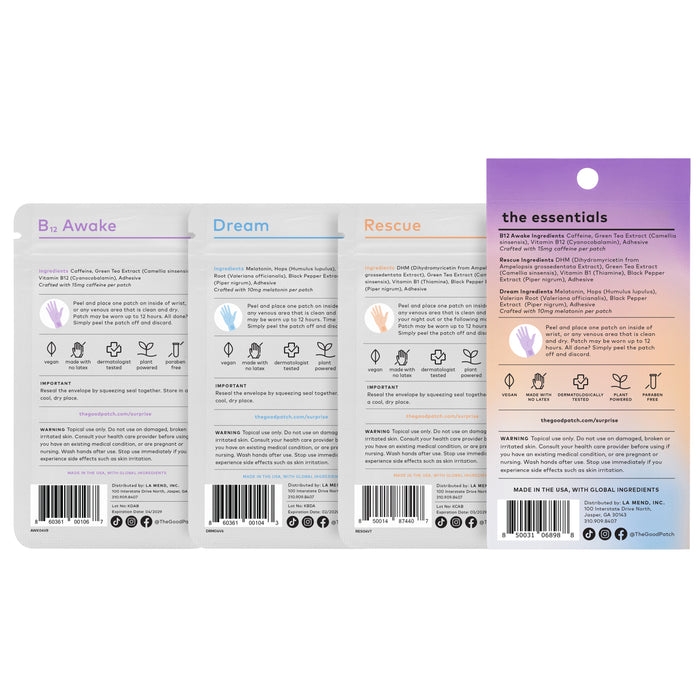 The Good Patch Wearable Wellness Patches - The Essentials Set includes four packets: B12 Awake (purple for energy), Dream (blue for rest), and Rescue (orange for relief). Distinct labels and icons explain ingredients and usage, all accompanied by an informative Essentials card.