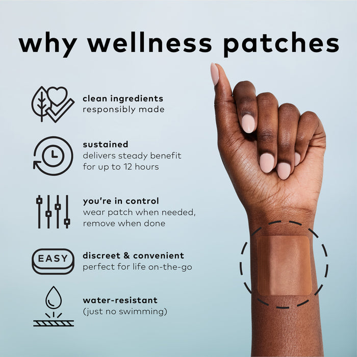 A hand with a beige patch from The Good Patchs Wearable Wellness Patches - The Essentials Set is shown against a light background. Text lists benefits: vegan, sustained release, user control, convenience, and water resistance, with icons next to each.