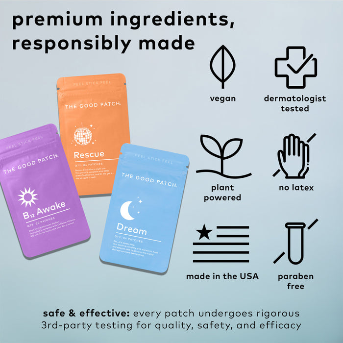 Image featuring The Good Patchs Wearable Wellness Patches - The Essentials Set: orange Rescue, purple B12 Awake, and blue Dream. Icons and text indicate the vegan patches are dermatologist tested, plant-powered with a sustained release formula, latex-free, paraben-free, and made in the USA.