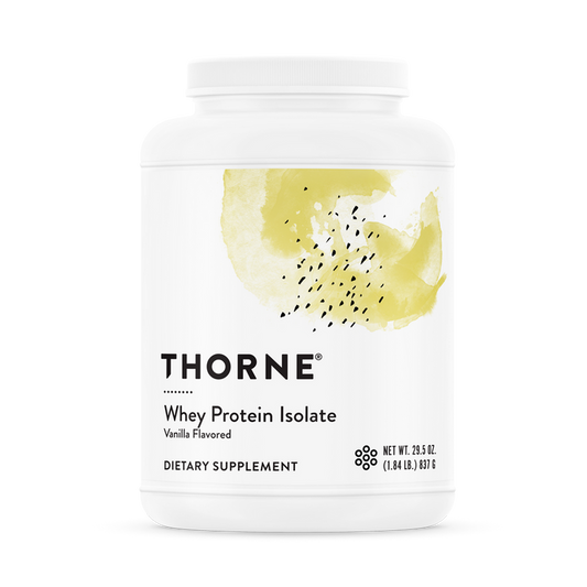 Thornes Whey Protein Isolate, a white container with abstract yellow and black design, offers vanilla flavor perfect for muscle repair. The label shows its a Dietary Supplement with net weight 29.8 oz (1.84 lb) or 837.6 g, ensuring bioavailable protein in each scoop.