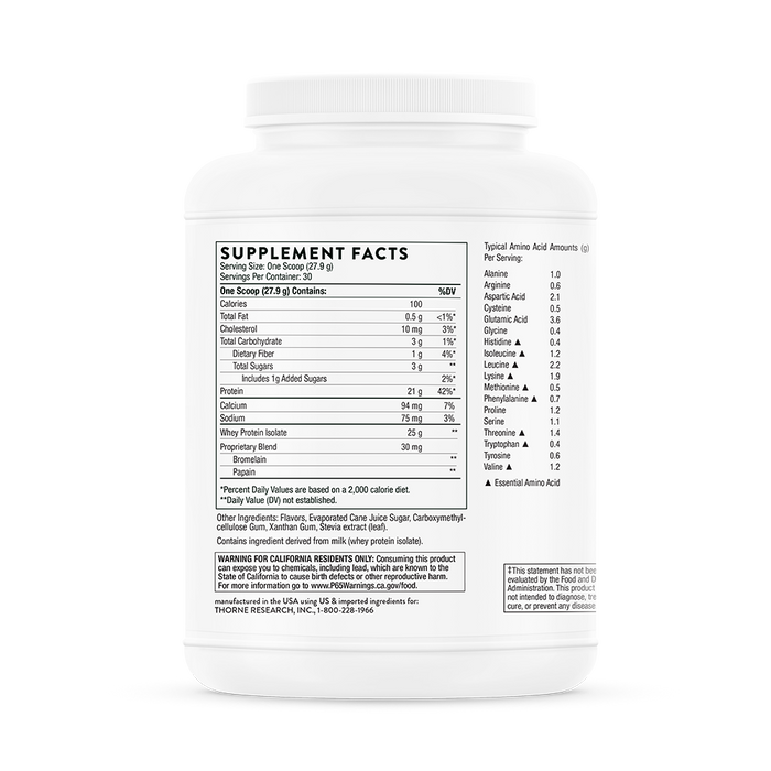Thornes Whey Protein Isolate in a white container supports muscle repair with bioavailable protein. The label lists supplement facts, ingredients, and amino acid content, with contact information at the bottom.