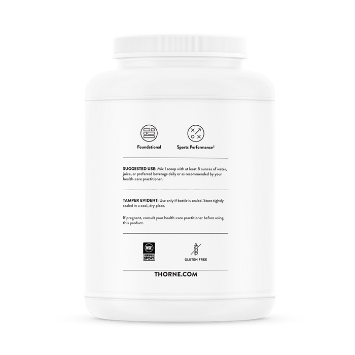 The back of the white Whey Protein Isolate container by Thorne displays key info such as suggested use, a tamper-evident notice, performance indicators for muscle repair, a gluten-free symbol, and the brands website, thorne.com.