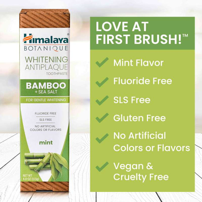Image of a toothpaste box labeled "Himalaya Botanique Whitening Antiplaque Toothpaste." Features include bamboo and sea salt, mint flavor, fluoride-free, SLS-free, gluten-free, and vegan. Text reads "Love at First Brush!" on a natural background.