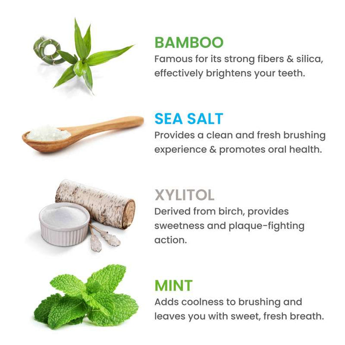 An image listing bamboo, sea salt, xylitol, and mint with descriptions. Bamboo is shown as a plant, sea salt in a wooden spoon, xylitol with birch, and mint leaves, highlighting their benefits for oral health and freshness.