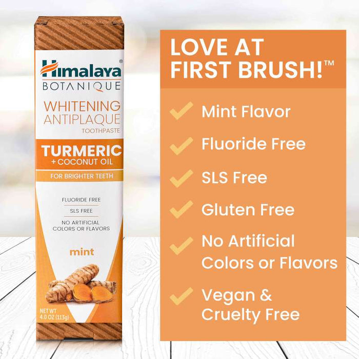 Image of a Himalaya Botanique toothpaste box featuring turmeric and coconut oil. Labeled as whitening, fluoride-free, SLS-free, gluten-free, with no artificial colors or flavors, and vegan &amp; cruelty-free. Mint flavor. Text reads "Love at First Brush!.