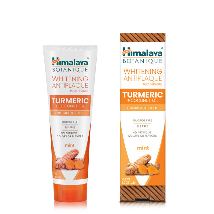 A tube and box of Himalaya’s Whitening Antiplaque Turmeric + Coconut Oil Toothpaste, infused with neem for cleansing, uses turmeric and coconut oil to brighten teeth. The mint-flavored formula is fluoride-free with no artificial colors or flavors.