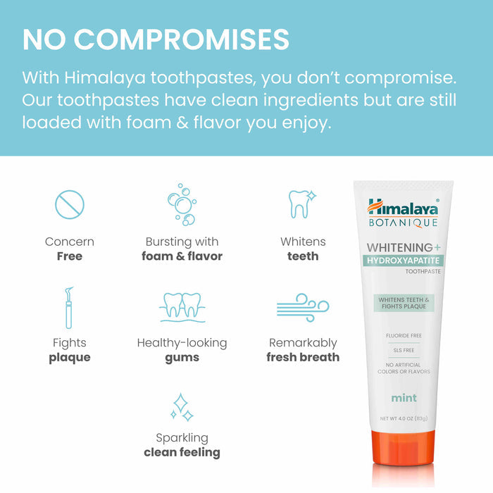 Himalayas Whitening+ Hydroxyapatite Toothpaste ad features a fluoride-free formula for concern-free whitening with a refreshing mint flavor and foaming action, supporting healthy gums and strengthening enamel using hydroxyapatite.