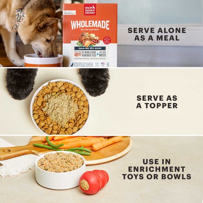 Three panels show The Honest Kitchen Wholemade™ Grain Free Chicken Dog Food: served as a meal, used as a kibble topper with dog paws visible, and stuffed in an enrichment toy, with text describing each use.