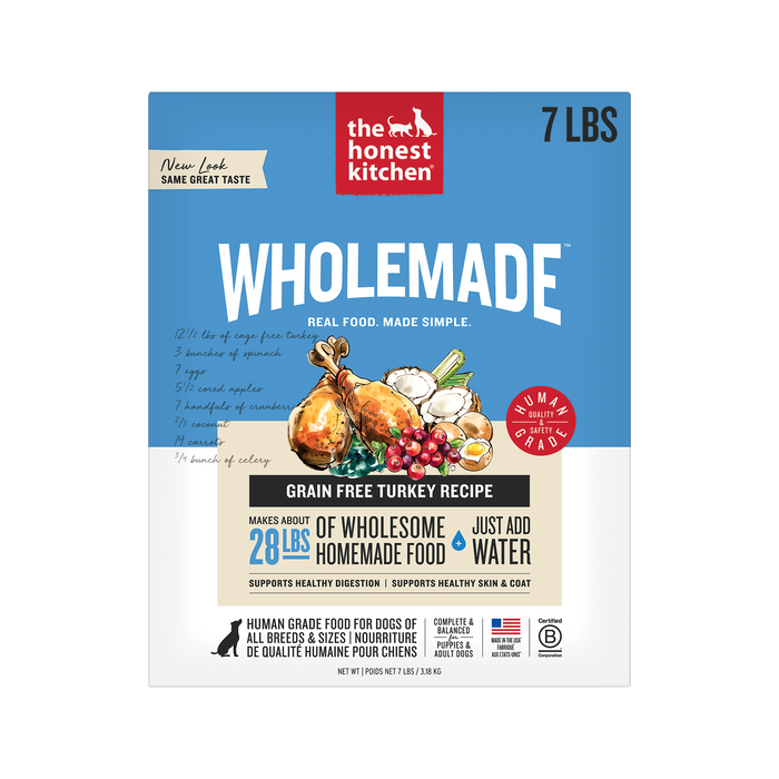 A 7 lb box of The Honest Kitchen Wholemade™ Grain Free Turkey Dog Food, with turkey and vegetables pictured on the front, features human grade ingredients, easy prep, and healthy nutrition for your dog.