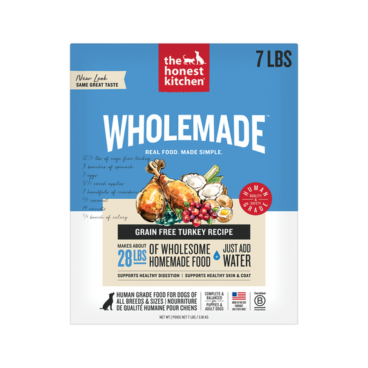 A 7 lb box of The Honest Kitchen Wholemade™ Grain Free Turkey Dog Food, with turkey and vegetables pictured on the front, features human grade ingredients, easy prep, and healthy nutrition for your dog.