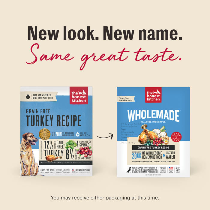 Two packages of The Honest Kitchen dog food: the previous Grain Free Turkey Recipe and the new Wholemade™ Grain Free Turkey Dog Food. New look, new name—same great, human grade taste.