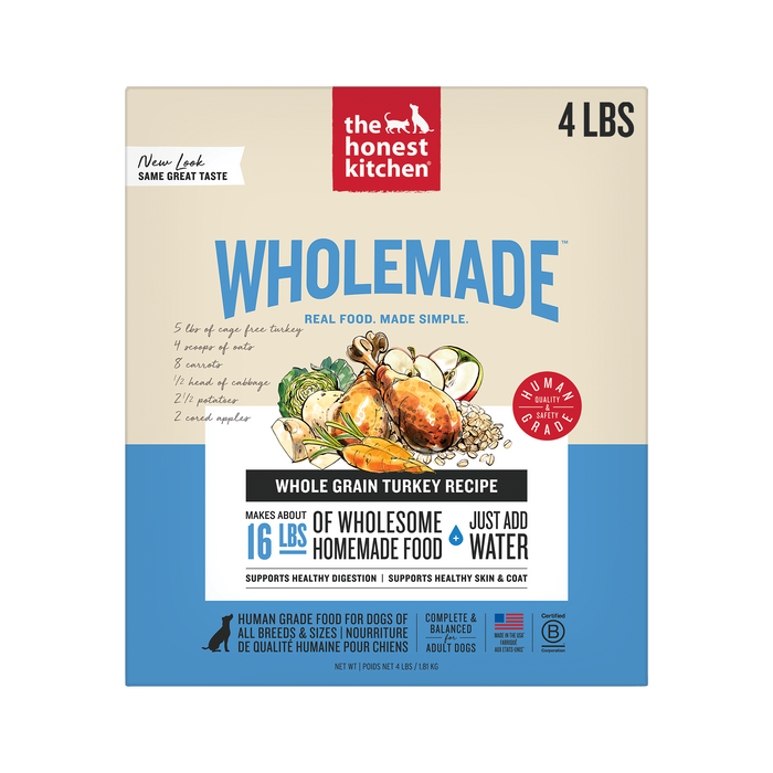 A 4 lb box of The Honest Kitchen Wholemade™ Whole Grain Turkey Dog Food makes 16 lbs of human-grade food. The blue and beige packaging features turkey, veggies, and grains.