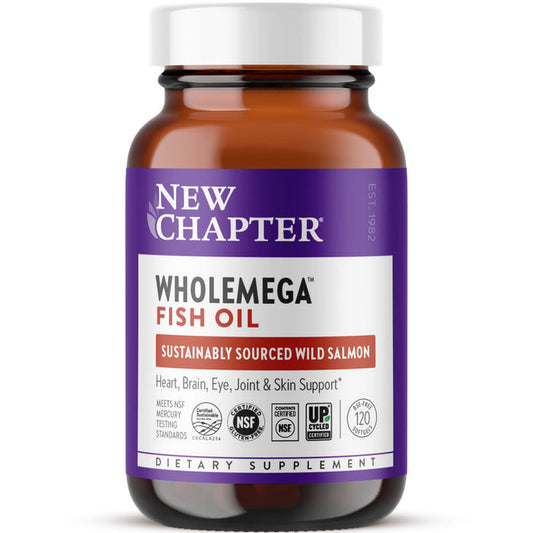A brown bottle labeled New Chapter Wholemega™ Fish Oil—Sustainably Caught Wild Alaskan Salmon Oil with Omega-3—features a purple and white label with dietary supplement info and certification icons.