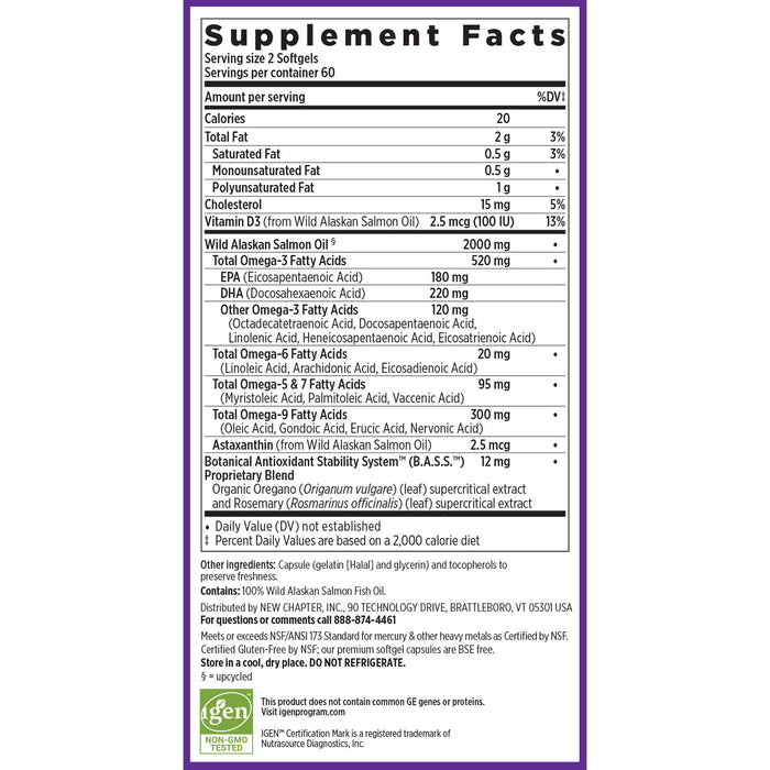 New Chapters Wholemega™ Fish Oil supplement facts label lists serving size, calories, fat, vitamin D3, wild Alaskan salmon oil, omega-3 content, other fatty acids, and astaxanthin from sustainably caught fish.