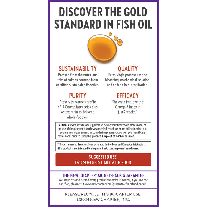 Informational graphic for New Chapter Wholemega™ Fish Oil—sustainably caught Wild Alaskan Salmon Oil with Omega-3s. Highlights sustainability, quality, purity & efficacy. Take 2 softgels daily with food. ©2024 New Chapter, Inc.