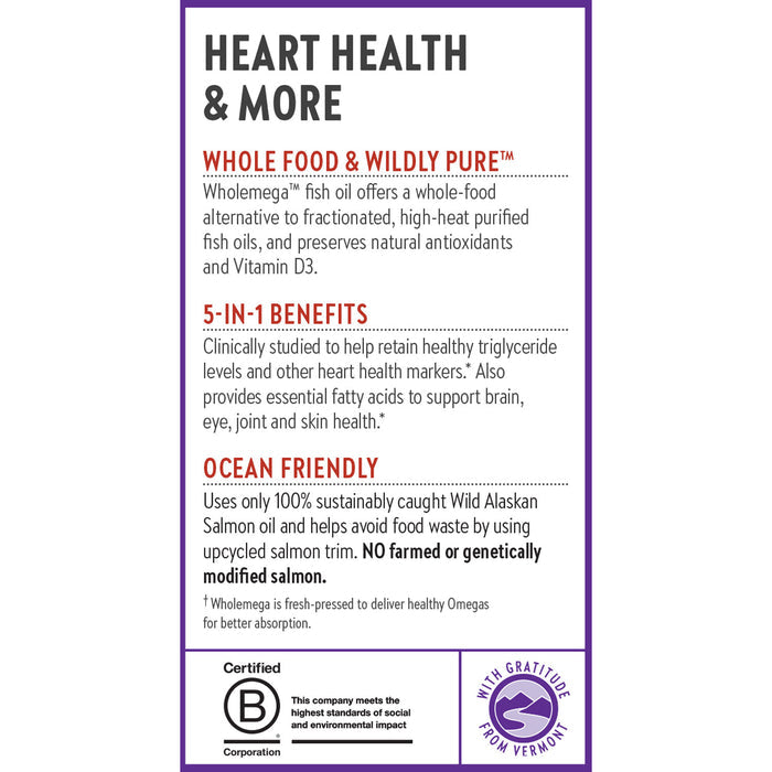 A label titled Heart Health & More highlights New Chapter Wholemega™ Fish Oil, made from sustainably caught Wild Alaskan Salmon, supporting heart, brain, eye, joint & skin health; it’s ocean-friendly and contains no farmed or GMO salmon.
