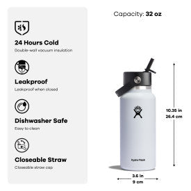 An image of a white Hydro Flask bottle with a black lid and straw. Text highlights features: 32 oz capacity, 24 hours cold insulation, leakproof, dishwasher safe, and closeable straw. Dimensions are 10.35 in tall and 3.6 in wide.