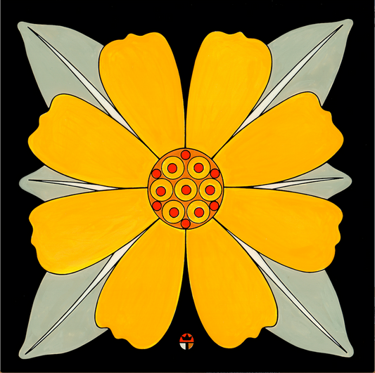 Full color print of brittlebush flower measures 7.5" x 7.5" plus a 2.25" white border. Black frame with glass, measures 12" x 12".