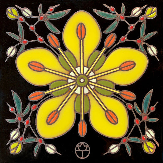 6 inch ceramic tile featuring yellow creosote blossom on black background