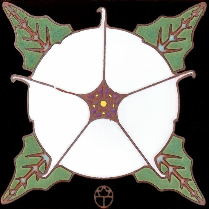 white sacred datura flower with leaves on black background ceramic tile by Wil Taylor