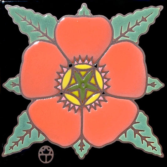 orange globemallow blossom with leaves on black background ceramic tile by wil taylor