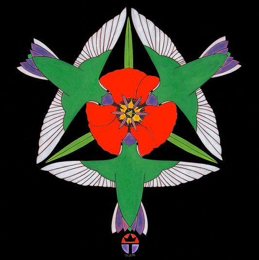 Full color print mandala of hummingbirds and red flower. Image measures 7.5" x 7.5" plus a 2.25" white border. Black frame with glass, measures 12" x 12".