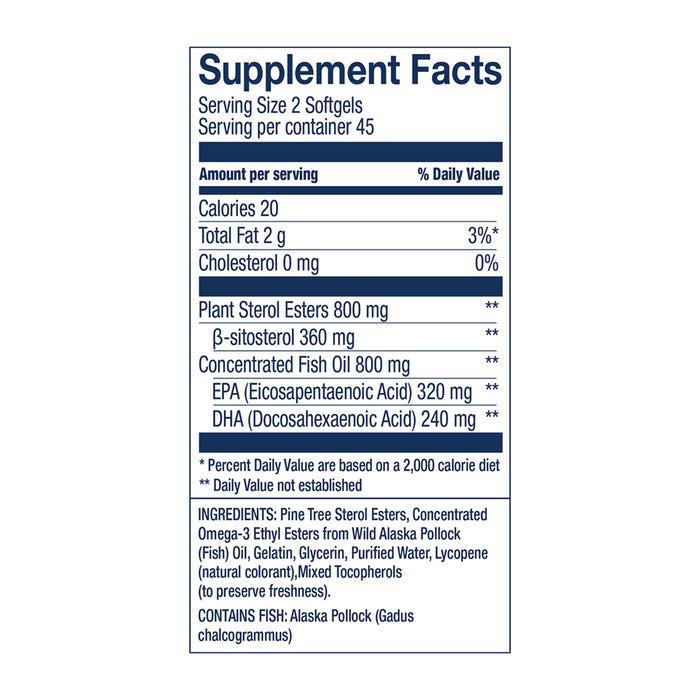 Wileys Finest Wild Alaskan Fish Oil - Cholesterol Support contains plant sterols and Omega-3 from wild Alaska pollock oil. Each serving of 2 softgels offers 45 servings per container with pine tree sterol esters for cholesterol support.
