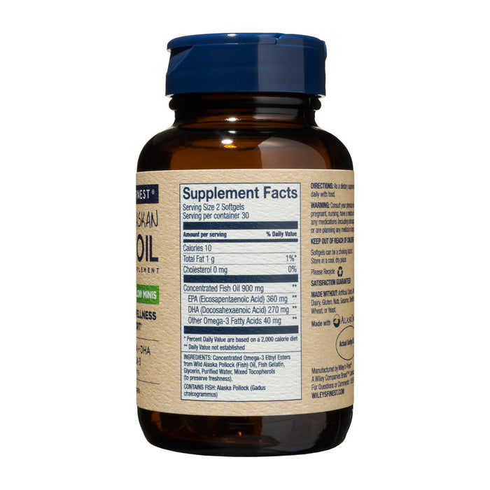 Wileys Finest Wild Alaskan Fish Oil - Easy Swallow Minis come in a brown bottle with a blue cap, labeled to highlight potent Omega-3s. The side label shows Supplement Facts, emphasizing the rich EPA and DHA content essential for overall health.