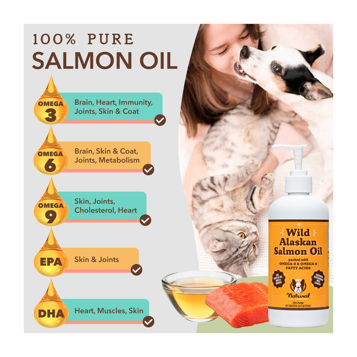 A promotional image for "Wild Alaskan Salmon Oil" features benefits for pets: omega 3, 6, 9, EPA, and DHA for brain, heart, skin, joints, and metabolism. Includes a bottle of oil, a slice of salmon, and a person cuddling a cat and dog.