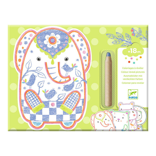 The DJECO Wild Animals to Discover set features a vibrant elephant illustration on a green polka-dot background designed for ages 18 months and up. It includes a magic marker for uncovering hidden images, with brand logo and product details displayed. Made with FSC® Certified Paper.