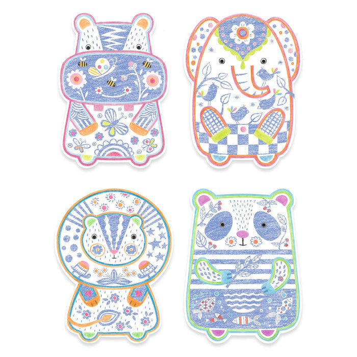 The DJECO Wild Animals to Discover Coloring set includes four pastel stickers with a horse, elephant, lion, and panda, each adorned with intricate floral patterns in blue, red, orange, and green. These whimsical designs reflect playful creativity akin to imaginative toys and jumbo colored pencils.