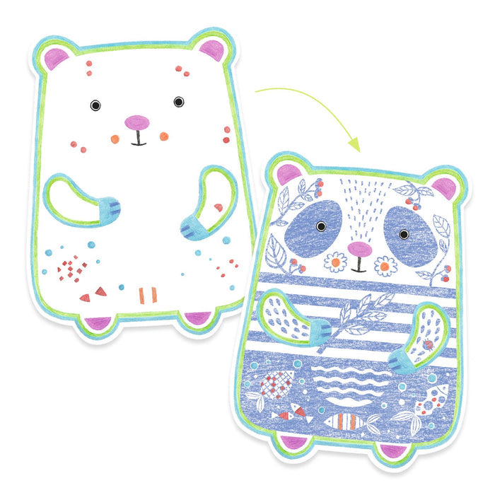 Illustration of two stuffed bears: one with a white background, colorful specks, and mittens; the other with intricate blue floral and striped patterns. Both have pink accents on ears, paws, and nose, embodying creative toy spirit. Related to DJECOs Wild Animals to Discover Coloring.