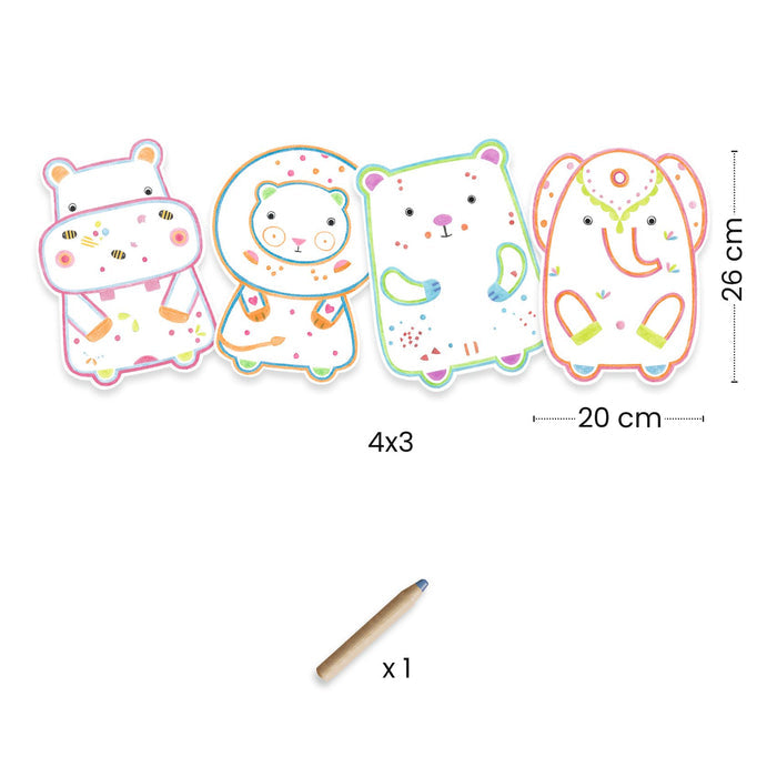 Colorful cut-outs of a hippo, lion, bear, and owl, each measuring 20 cm wide and 26 cm tall. They are arranged in a row, described as 4x3. A single colored pencil is shown below them.