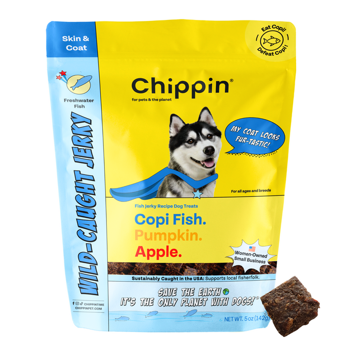 A yellow and blue bag of Chippins Wild-Caught Fish & Pumpkin Dog Treats features a superhero-caped dog and highlights eco-friendly ingredients: Copi fish, pumpkin, and apple. With omega-3-rich wild-caught fish jerky and sustainable fishing practices, it supports health and planet-consciousness.