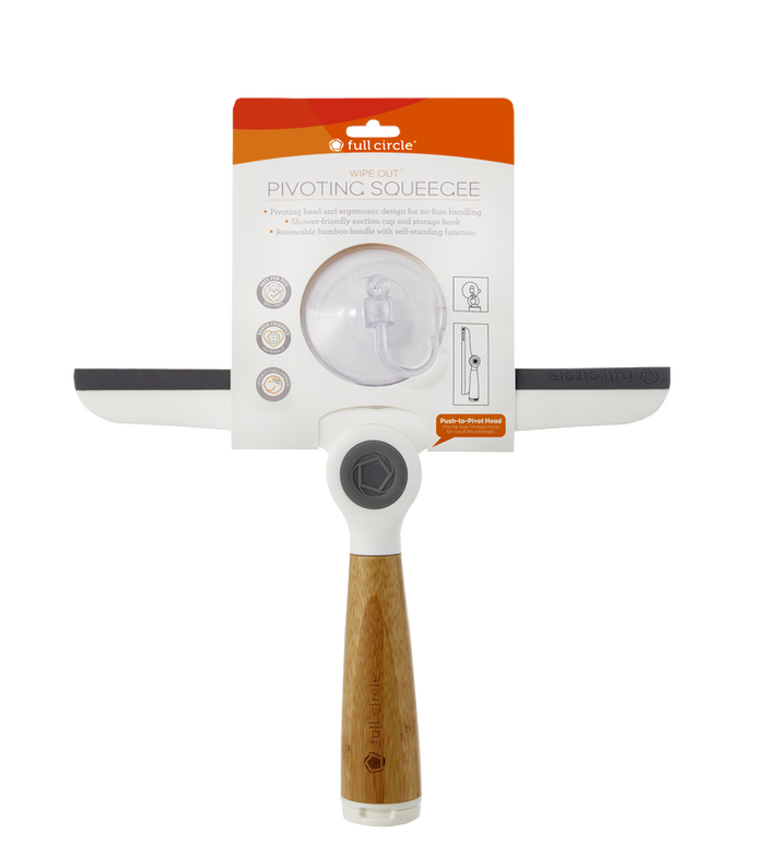 The Full Circle Wipe Out Pivoting Squeegee has a bamboo handle and black rubber blade for eco-friendly cleaning. Its packaging showcases the pivot head and convenient storage, making it ideal for efficient tidying.