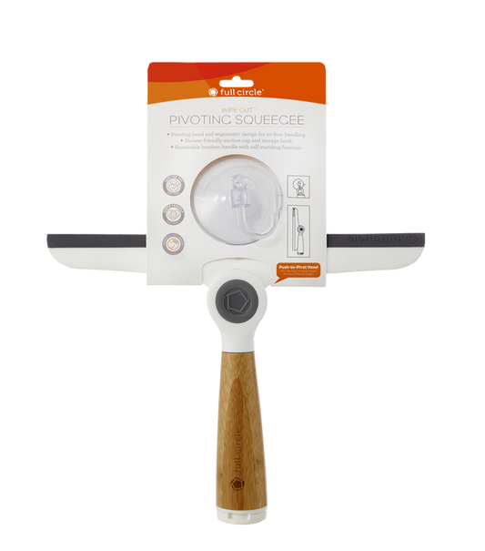 The Full Circle Wipe Out Pivoting Squeegee has a bamboo handle and black rubber blade for eco-friendly cleaning. Its packaging showcases the pivot head and convenient storage, making it ideal for efficient tidying.