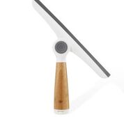 The Wipe Out Pivoting Squeegee by Full Circle, featuring a sleek wooden handle and eco-friendly white rubber blade, is displayed horizontally on a white background. Its minimalist and functional design is ideal for modern households.