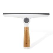 The Full Circle Wipe Out Pivoting Squeegee features a white rubber blade and a wooden handle for an ergonomic grip. This eco-friendly squeegee combines modern materials with natural elements, ensuring functionality and sustainability in its clean, minimalist design.