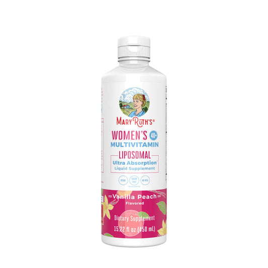 A 15.22 fl oz bottle of MaryRuths Womens 40+ Multivitamin Liposomal dietary supplement in vanilla peach flavor, featuring hormonal support and a multivitamin formula, with a vintage woman’s portrait and colorful label text.