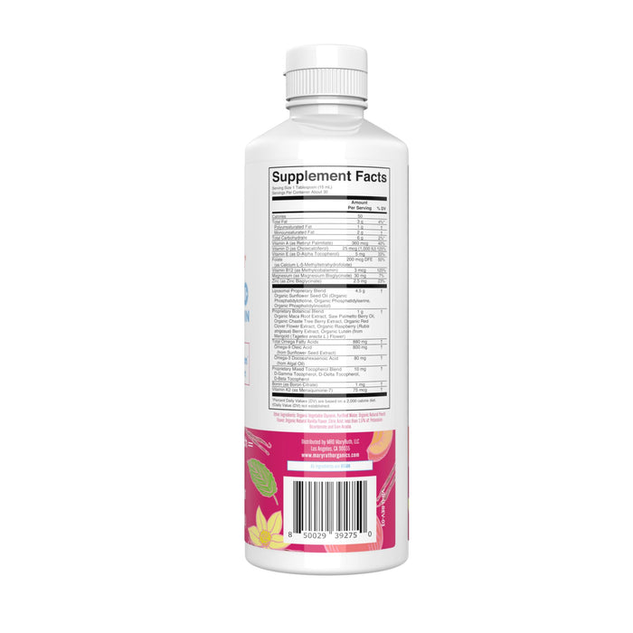 A white bottle of MaryRuths Womens 40+ Multivitamin Liposomal stands upright on a white background, featuring a Supplement Facts label, barcode, colorful floral accents near the bottom, and a white cap.