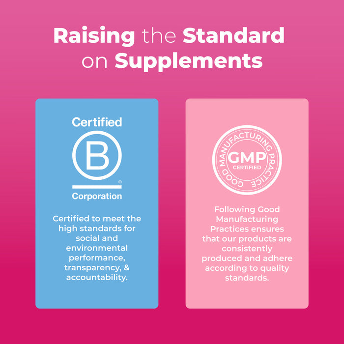Two panels on a pink gradient background. Left: Certified B Corporation badge with info on social/environmental standards. Right: GMP Certified badge highlighting MaryRuth’s Women’s 40+ Multivitamin Liposomal and quality manufacturing practices.