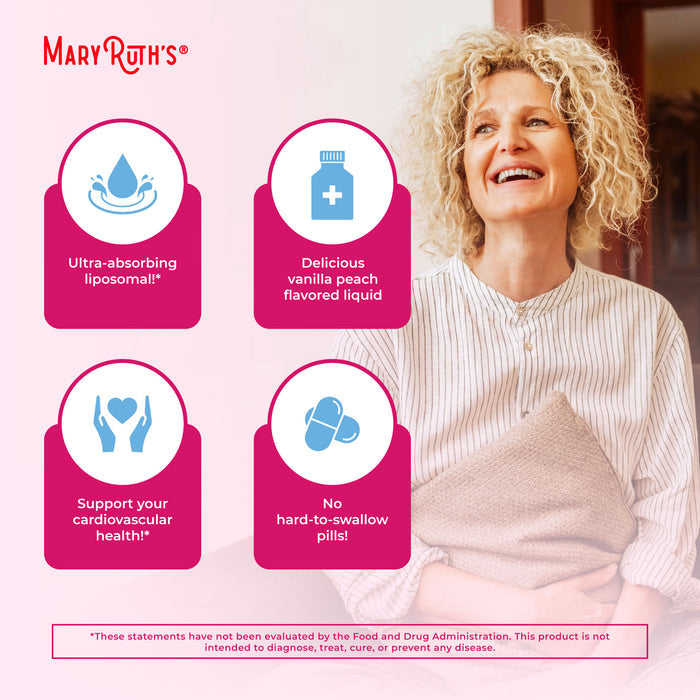A smiling woman sits on a couch holding a pillow. Beside her, icons showcase MaryRuths Womens 40+ Multivitamin Liposomal: ultra-absorbing, vanilla peach flavor, hormonal support, and essential nutrients for women 40+.