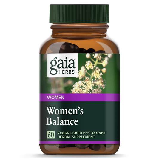A brown Gaia Herbs Womens Balance - For Menopause Support bottle, featuring a white flower graphic, offers hormone balance relief. It contains 60 vegan liquid phyto-caps sealed with a dark green cap.