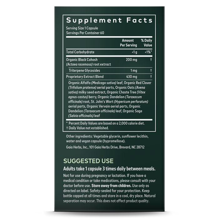 The image shows a supplement bottle from Gaia Herbs labeled Womens Balance - For Menopause Support, including ingredients like Organic Black Cohosh root and Tripterine Cyclicols for hormone balance and hot flash relief. Recommended dosage is 1 capsule three times daily.