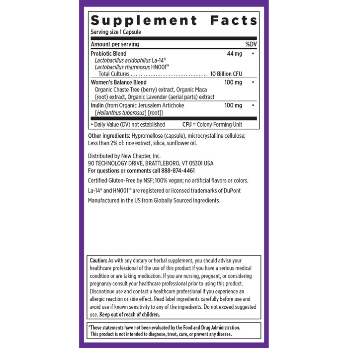 The New Chapter Womens Daily Probiotic Supplement Facts label features probiotics and organic extracts like chaste tree, maca, and Jerusalem artichoke. It supports hormone balance and a healthy vaginal ecosystem while being gluten-free, vegetarian, and devoid of artificial flavors or colors.