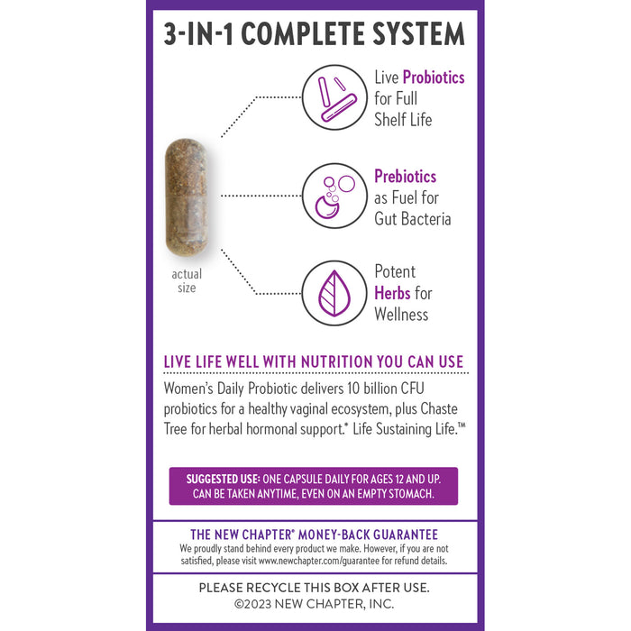 A product label for "3-in-1 Complete System" featuring a capsule with labels pointing to components: "Live Probiotics," "Prebiotics," and "Potent Herbs." Includes a description and usage instructions for daily women's health support.